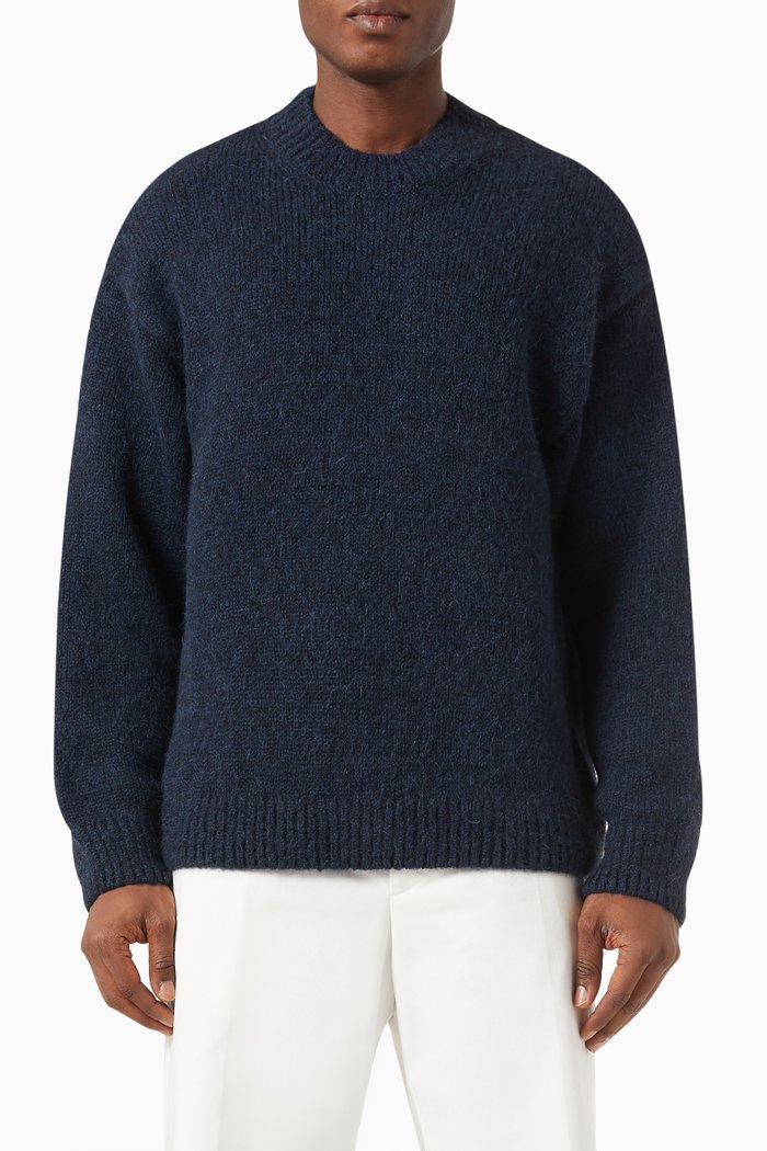 

Jacquard Logo Sweater in Wool Blend, Blue