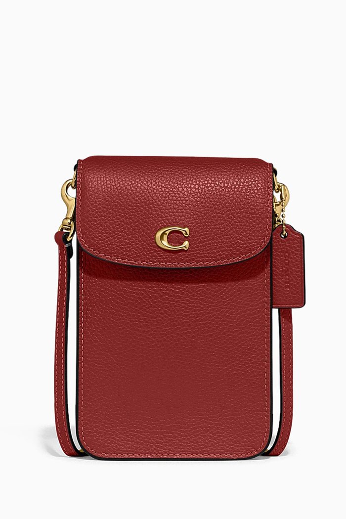 

Phone Crossbody Bag in Pebbled Leather, Red