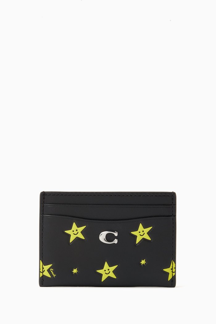 Essential Cosmic Star-print Card Case in Leather, Black