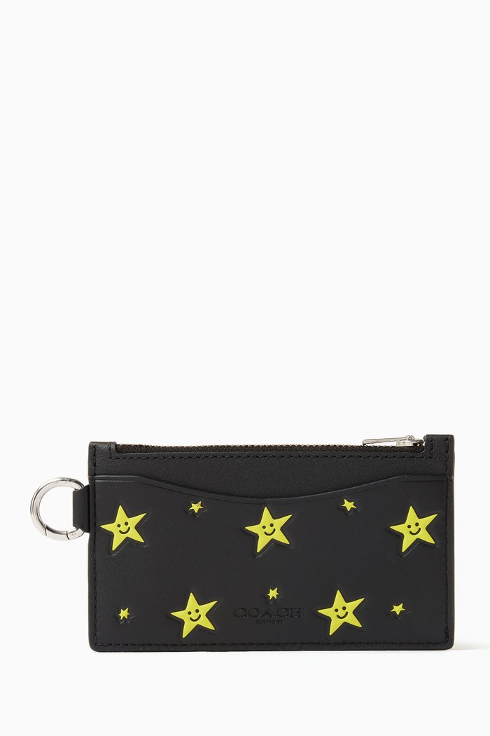 

Cosmic Star Print Zip Card Case in Leather, Black