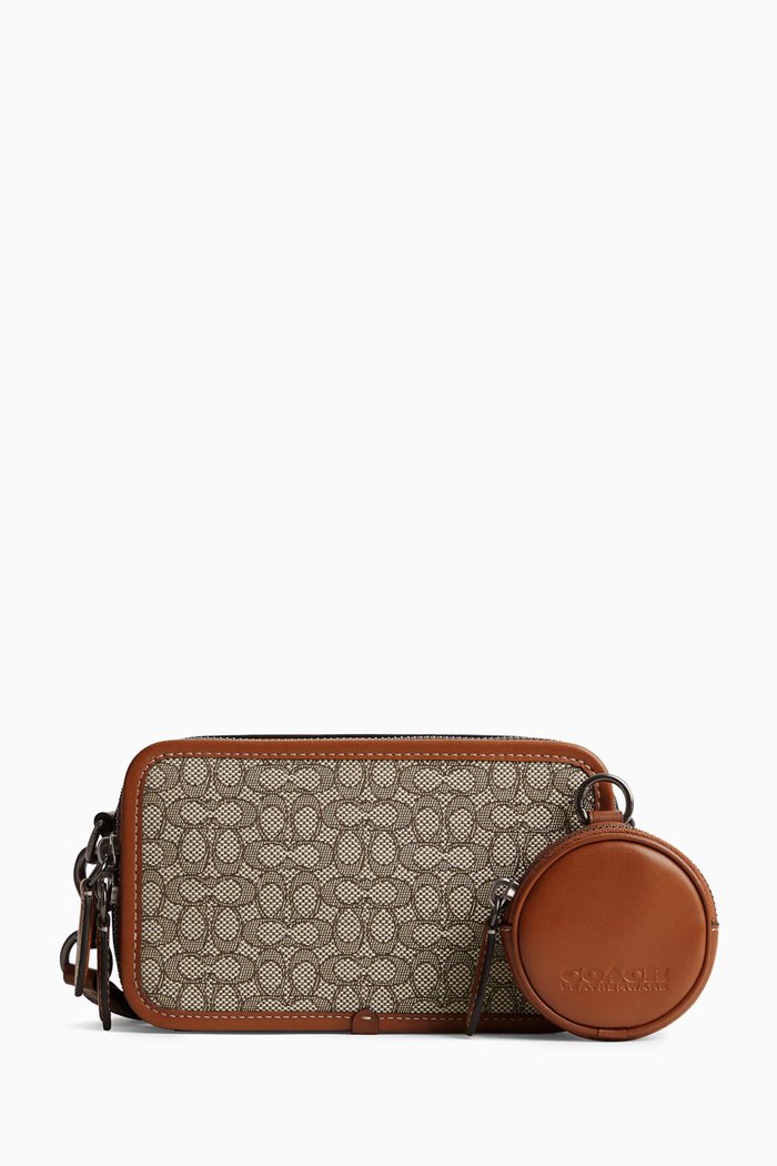 Charter Slim Crossbody in Micro Signature Jacquard & Calf Leather, Brown