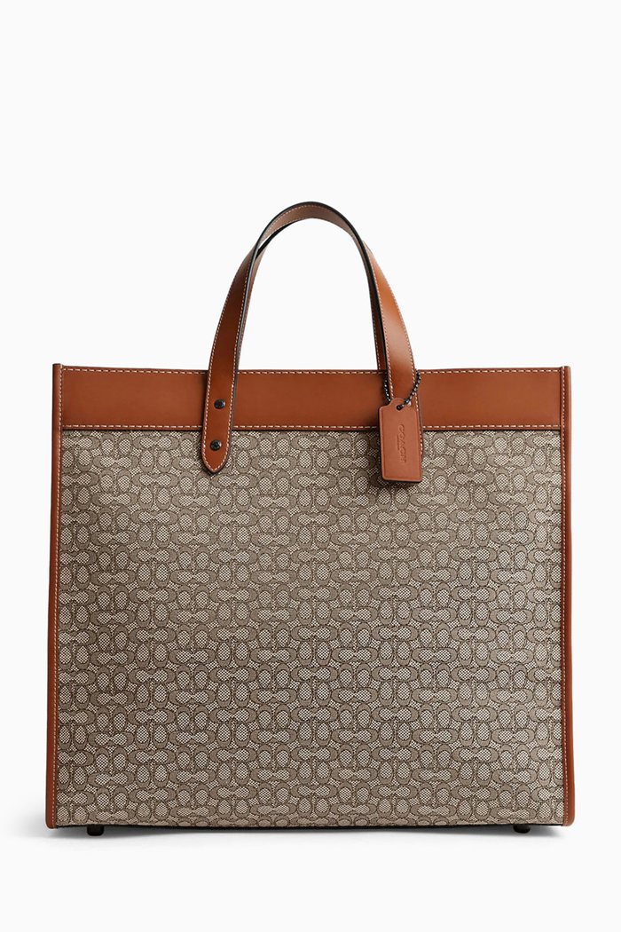 Field Tote 40 in Micro Signature Jacquard & Calf Leather, Brown