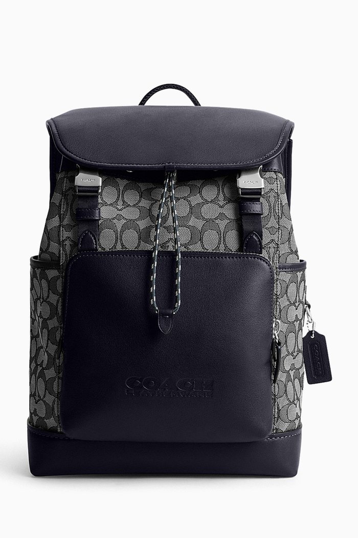 

League Flap Backpack in Signature Jacquard & Calf Leather, Blue