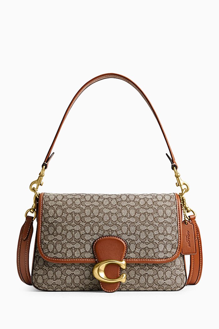 Soft Tabby Shoulder Bag in Micro Signature Jacquard & Leather, Brown