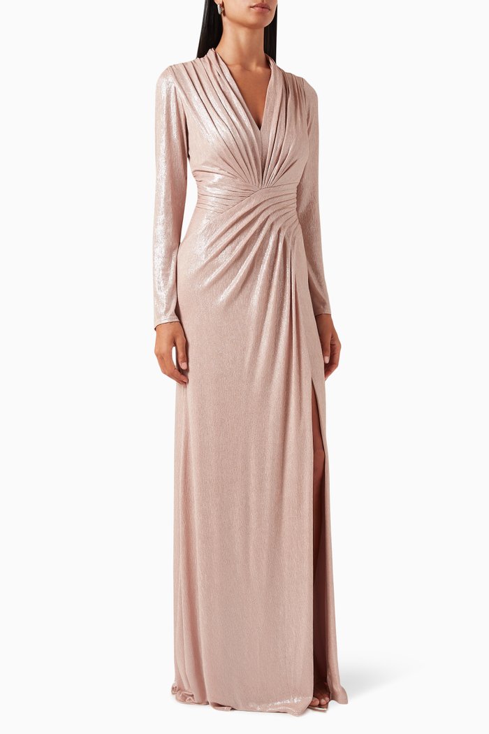 

Pleated Maxi Dress in Metallic-jersey, Pink