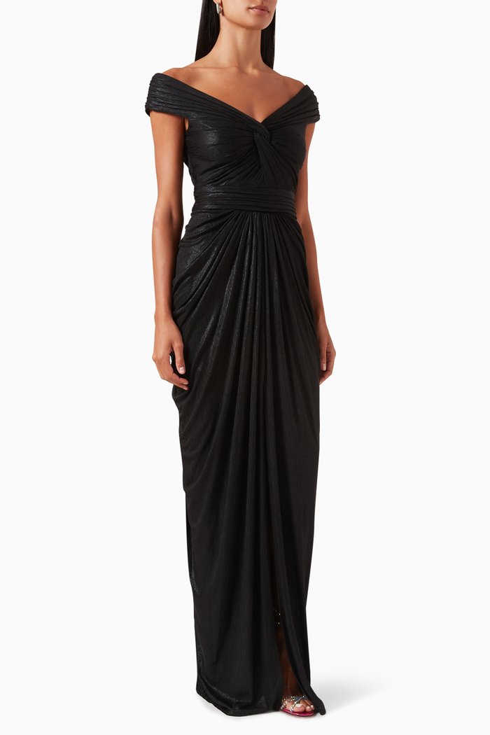 

Off-shoulder Ruched Gown in Crepe, Black