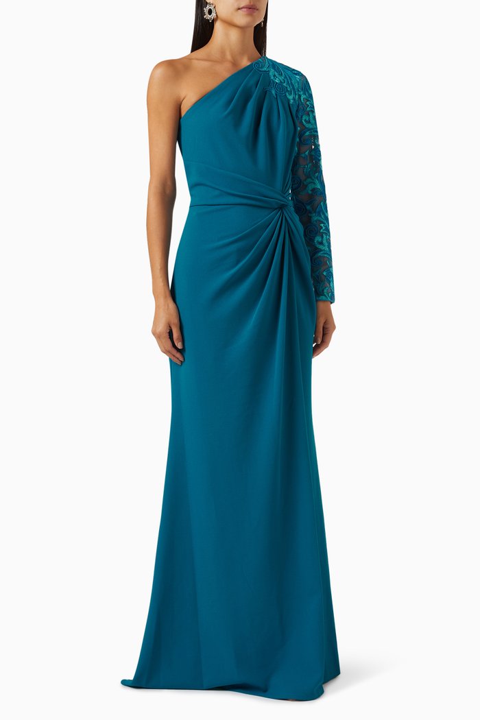 

One-shoulder Embroidered Gown in Crepe, Blue