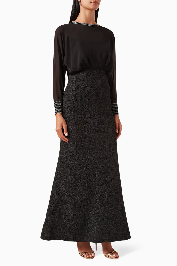 

Floral Textured Gown in Chiffon & Jacquard, Black