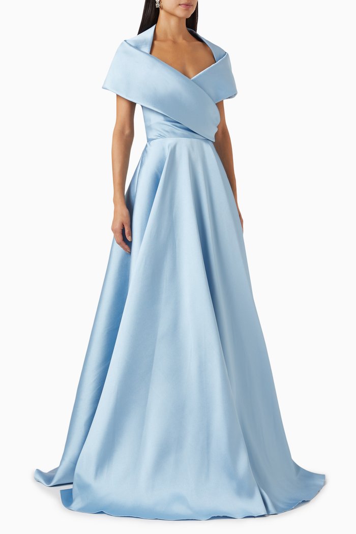 Off-shoulder Gown in Taffeta, Blue