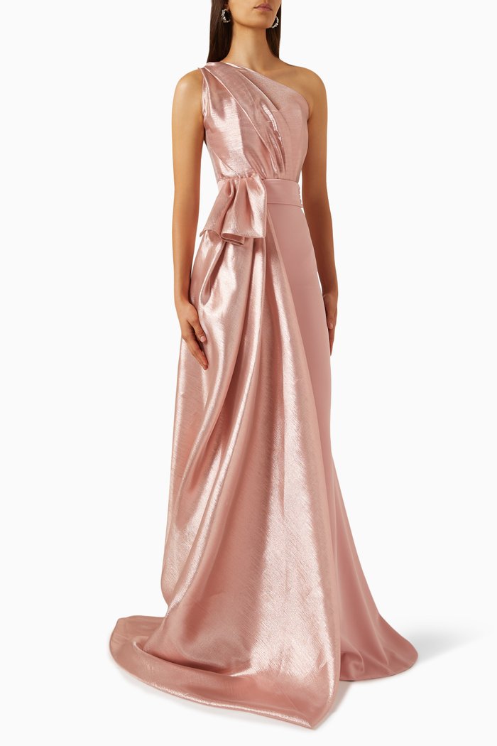 

One-shoulder Gown in Lamé & Crepe, Pink