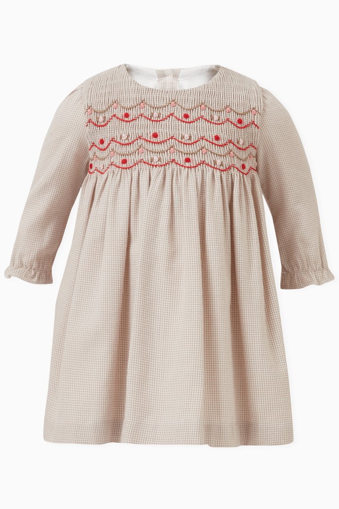

Smocked Puppytooth Dress in Cotton, Brown