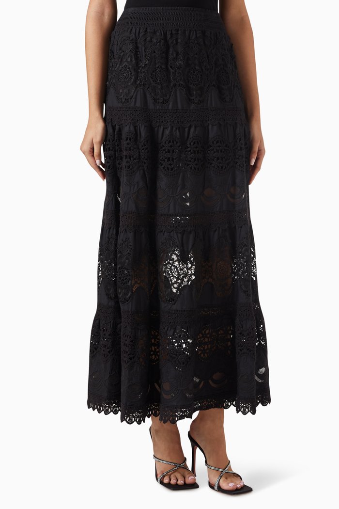 

Cali Tiered Maxi Skirt in Lace Cotton, Black