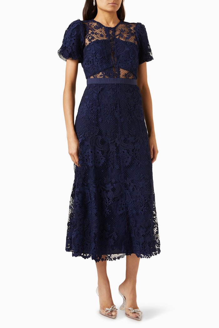 Puff-sleeve Midi Dress in Lace, Blue
