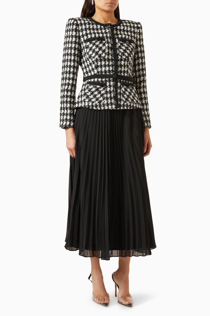 Checked Midi Dress in Bouclé & Chiffon, Black