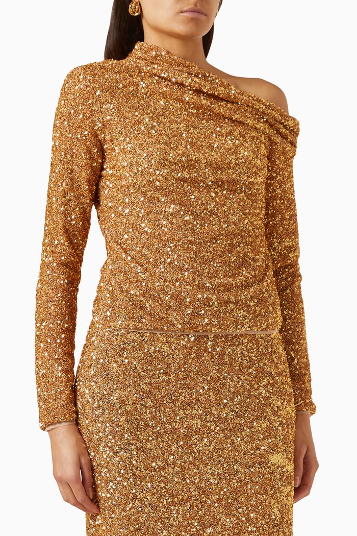 

Sequinned One-shoulder Top, Gold