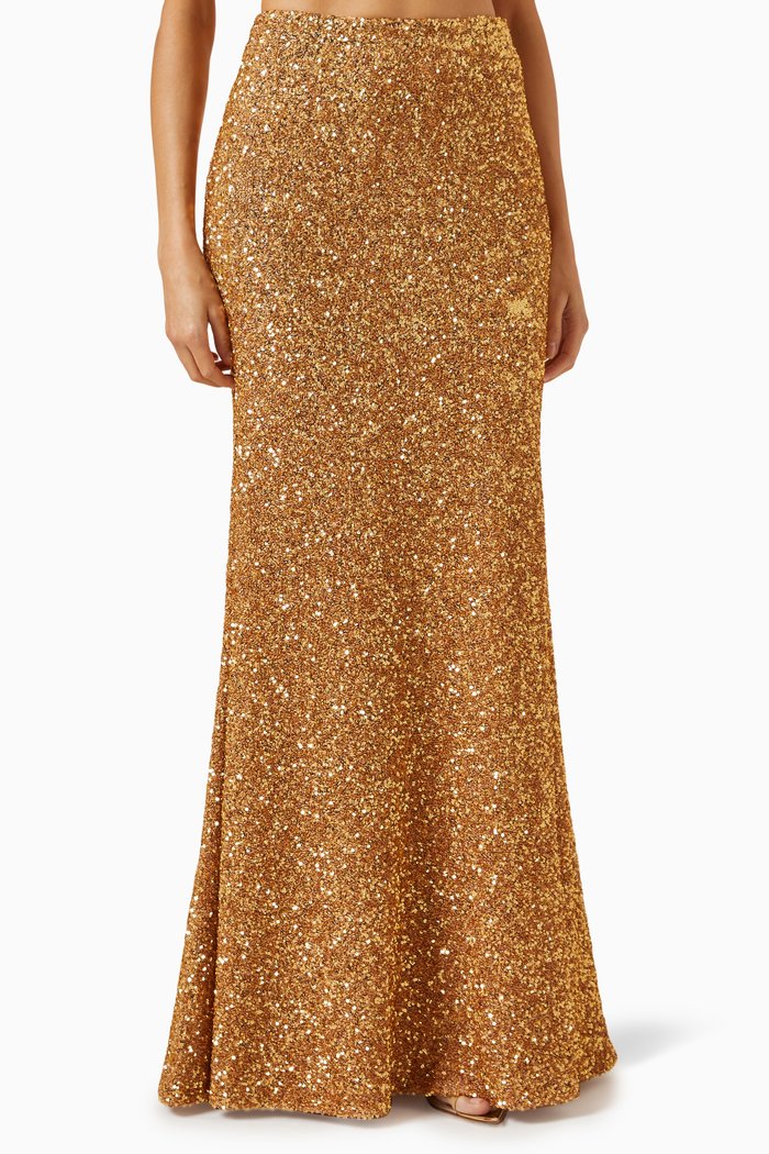 Sequinned Flared Maxi Skirt, Gold
