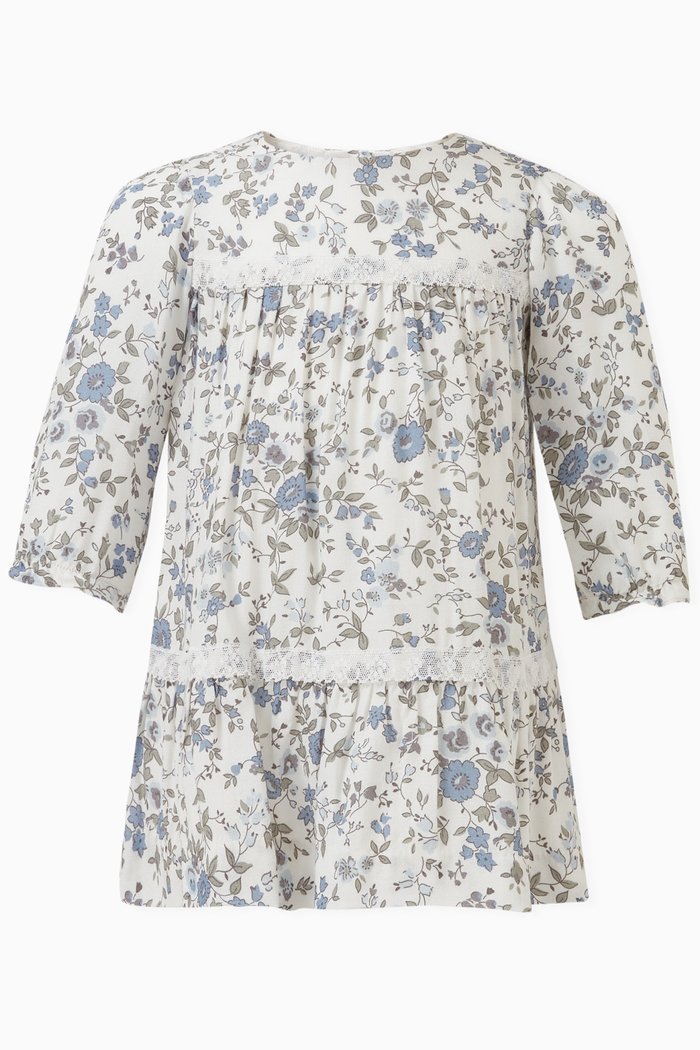 

Floral Print Dress in Viscose-wool Blend, Blue