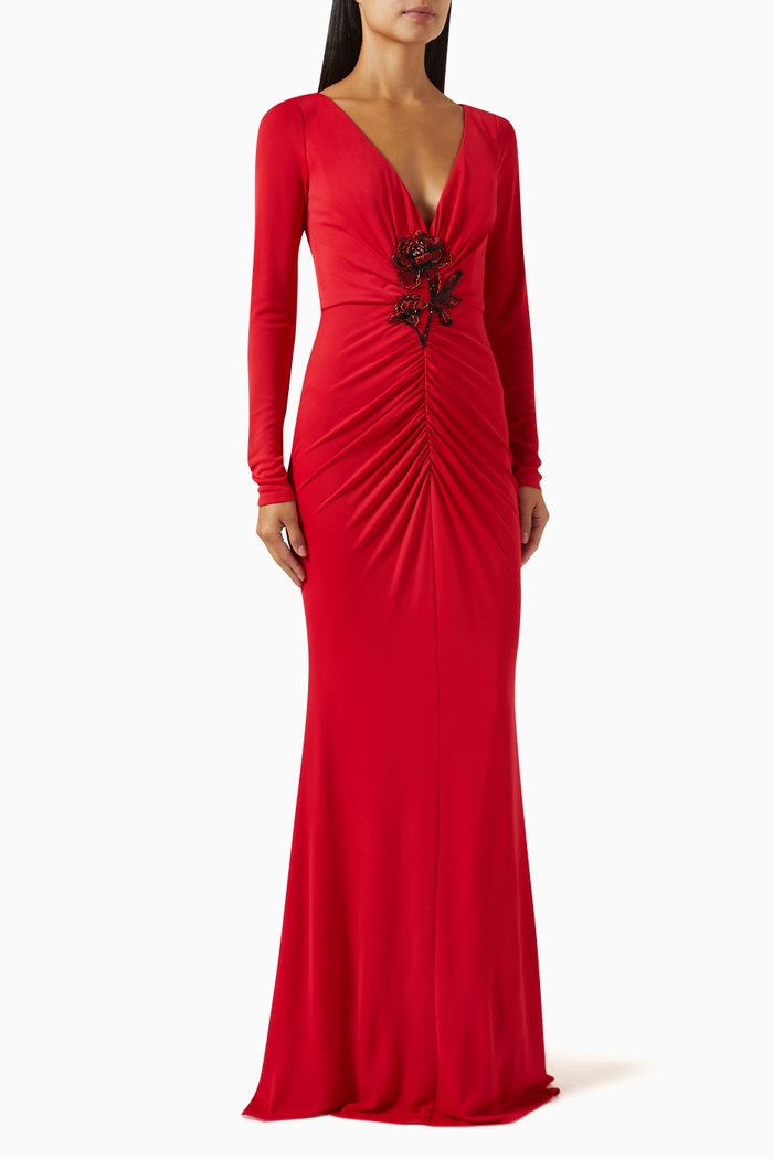 

Floral Appliqué Gown in Jersey, Red
