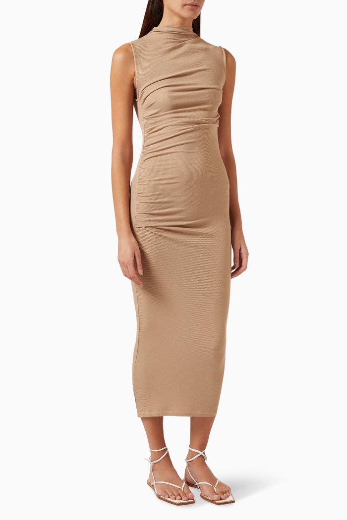 

Sleeveless Twist Midi Dress in Silk-knit, Neutral