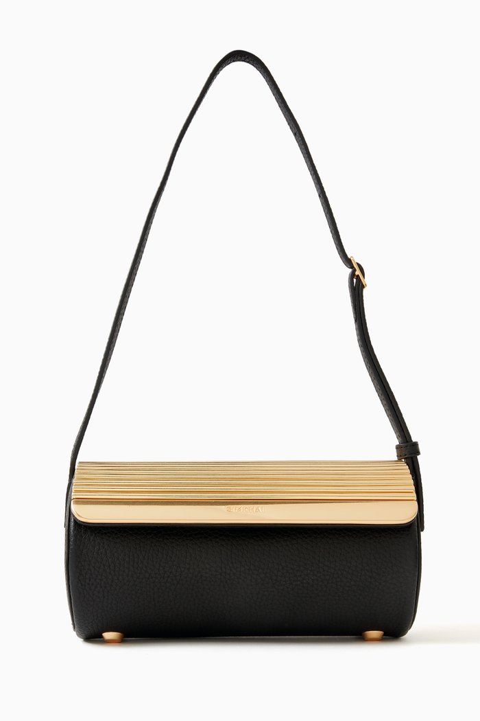 Rola Cylinder Shoulder Bag in Pebbled-leather & Metal, Black