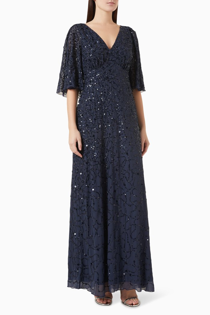 

Angel-sleeve Embellished Maxi Dress, Blue