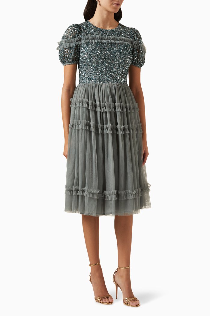 

Puff Sleeve Delicate Midi Dress, Green
