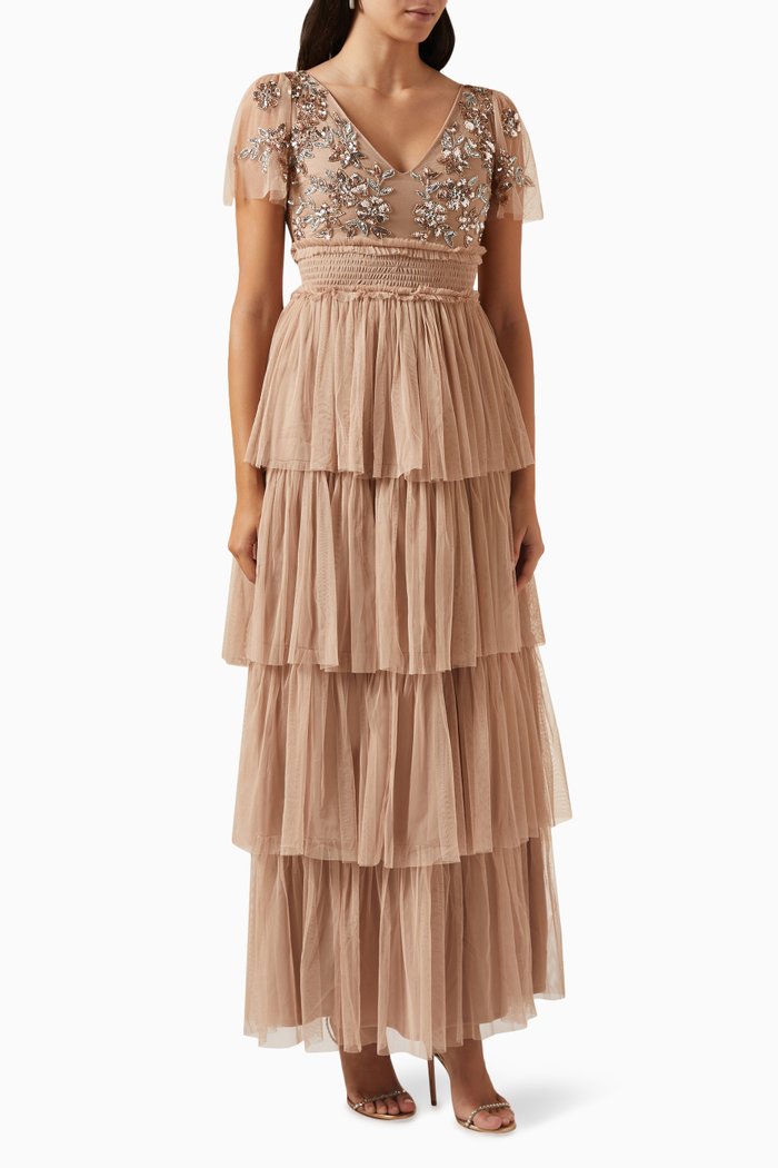 

Floral Embellished Tiered Dress in Tulle, Neutral