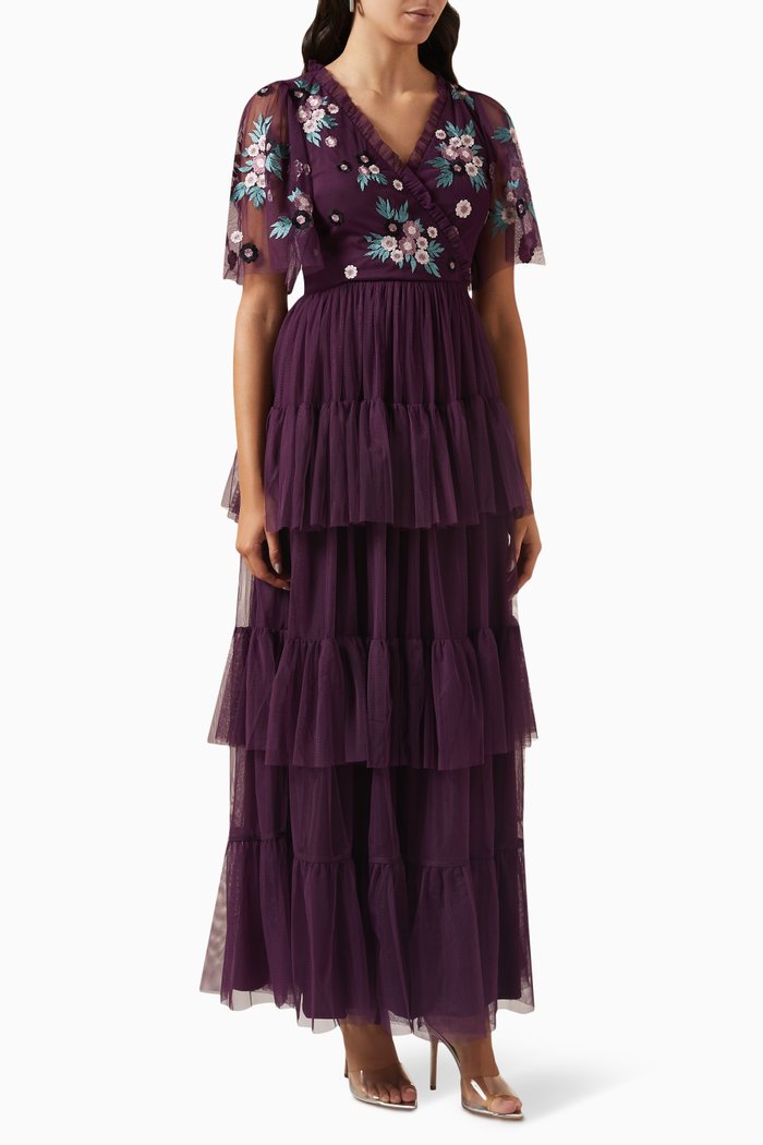 Floral-embroidered Maxi Dress in Tulle, Purple