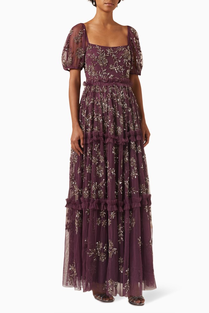 

Sequin-embellished Tiered Maxi Dress in Tulle, Purple