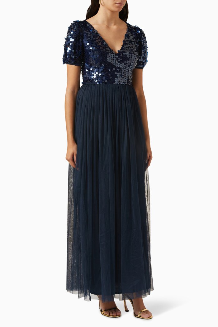 

Disc-sequin Maxi Dress in Tulle, Blue