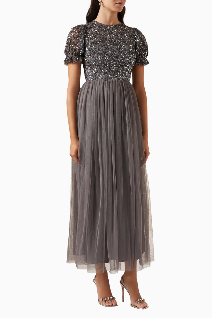 

Puff Sleeve Delicate Sequin Maxi Dress in Tulle, Grey