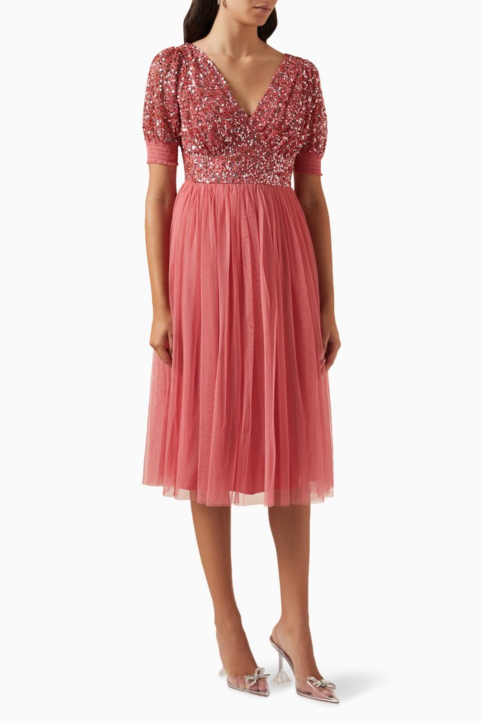 

Delicate Sequin Midi Dress in Tulle, Pink