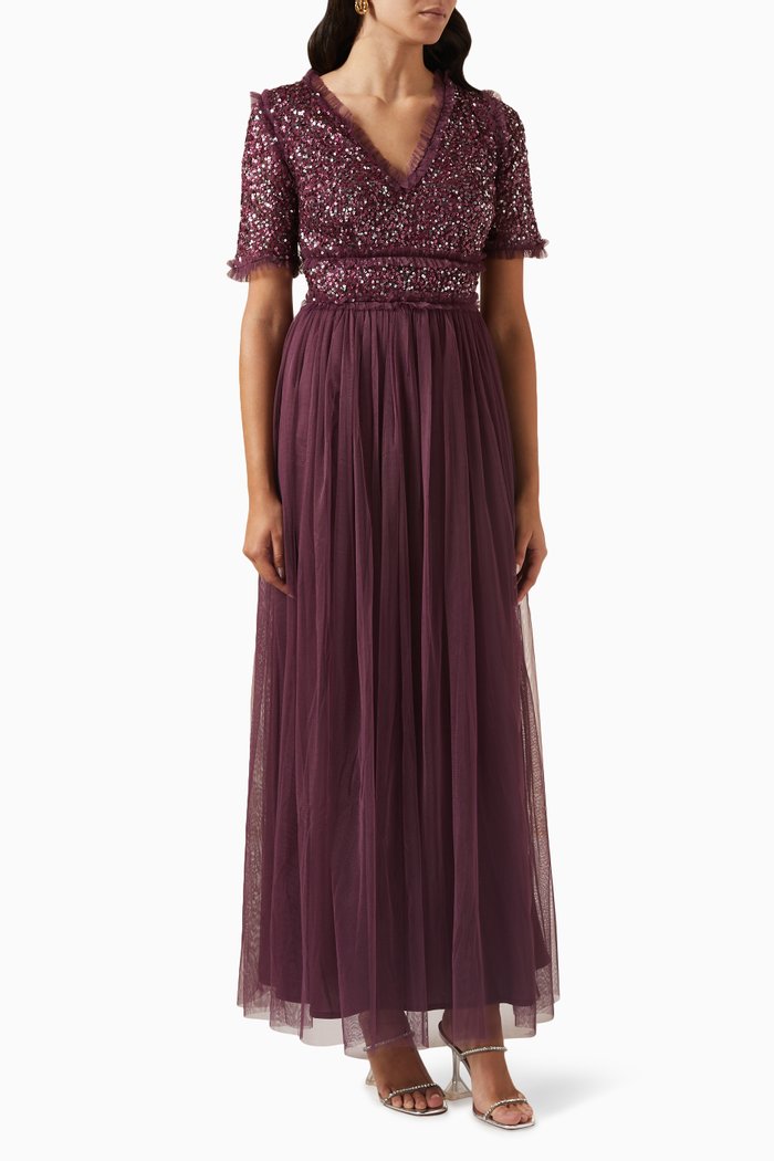 

Delicate Sequin Maxi Dress in Tulle, Purple