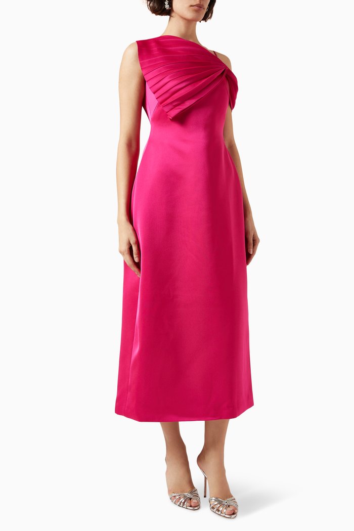 

Twisted Pleated Midi Dress in 3D Spandex, Pink