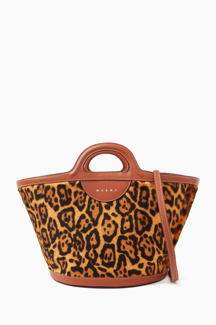 

Small Tropicalia Tote Bag in Leopard-print Lamb Shearling & Leather, Gold