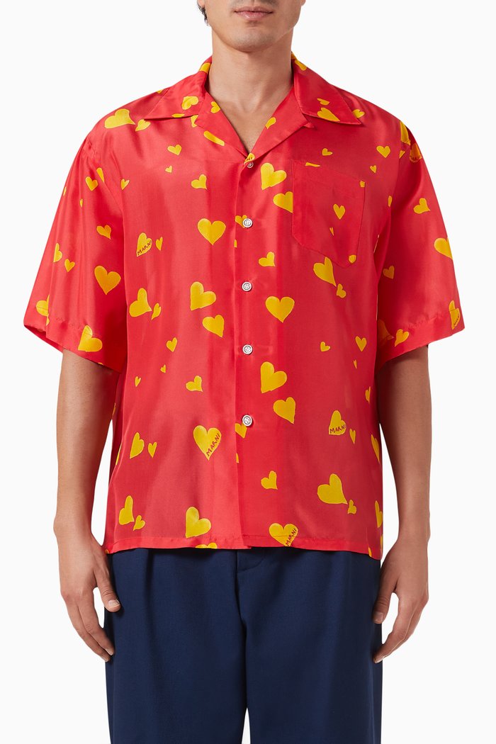

Heart Print Shirt in Silk, Orange