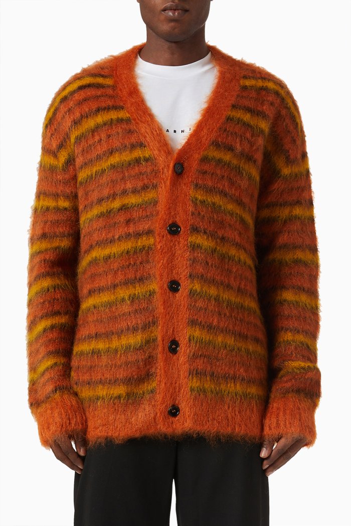 

Striped Cardigan in Mohair Blend Knit, Red