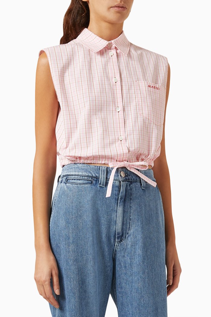 

Cropped Check Logo Blouse in Technical Poplin, Pink