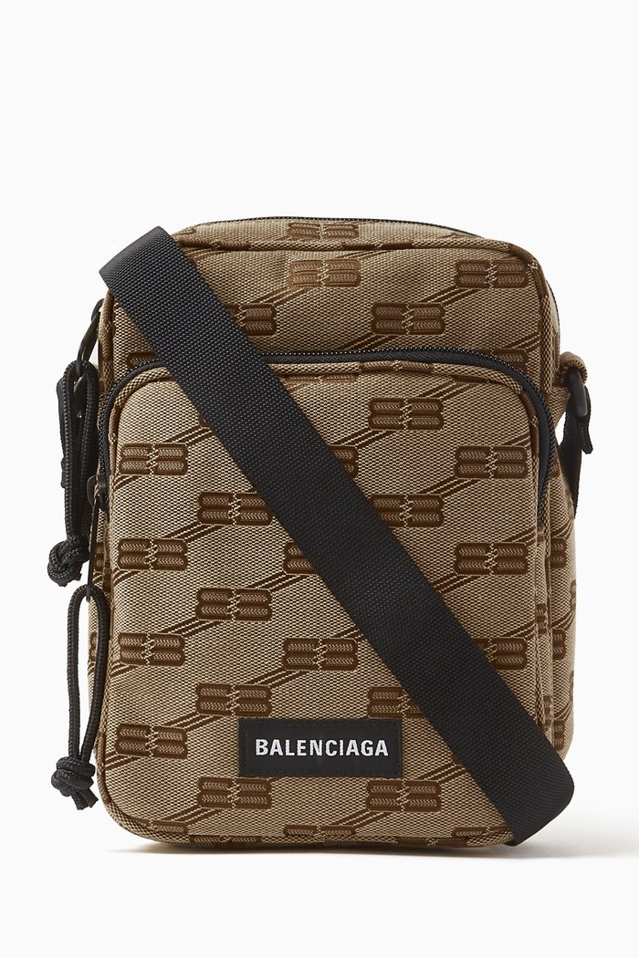 

Signature-print Crossbody Messenger Bag in BB Monogram Jacquard Canvas, Neutral