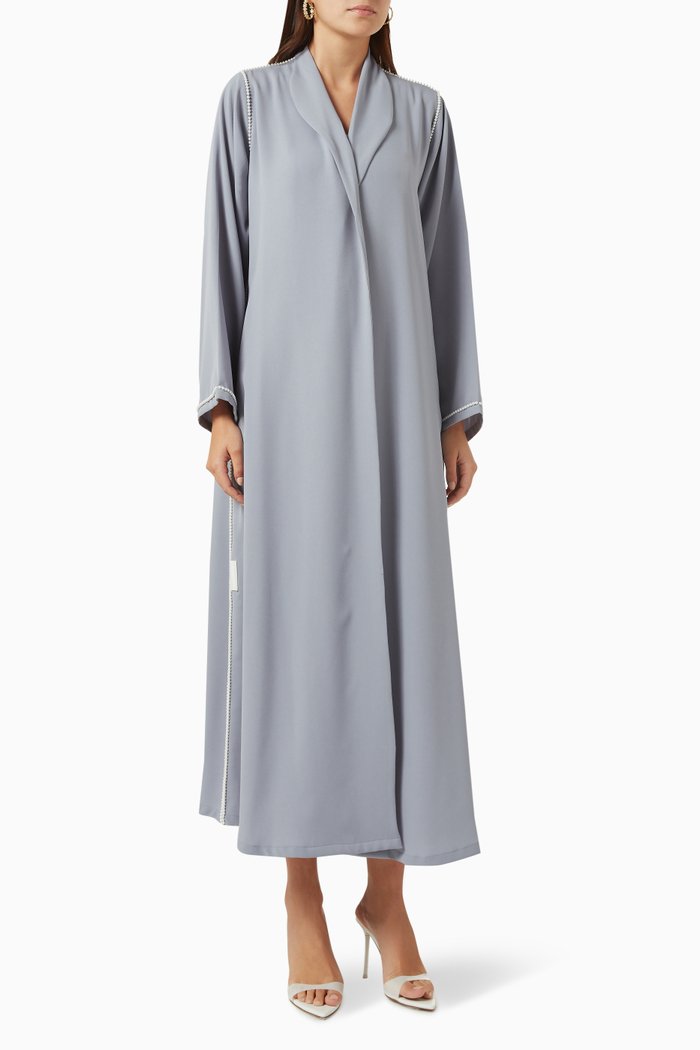 Pearl-trim Zainah-cut Abaya, Grey