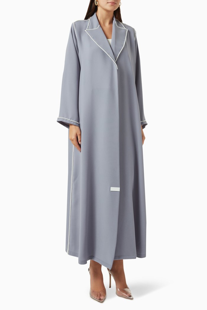 

Peak Lapel Pearl-trim Abaya, Grey