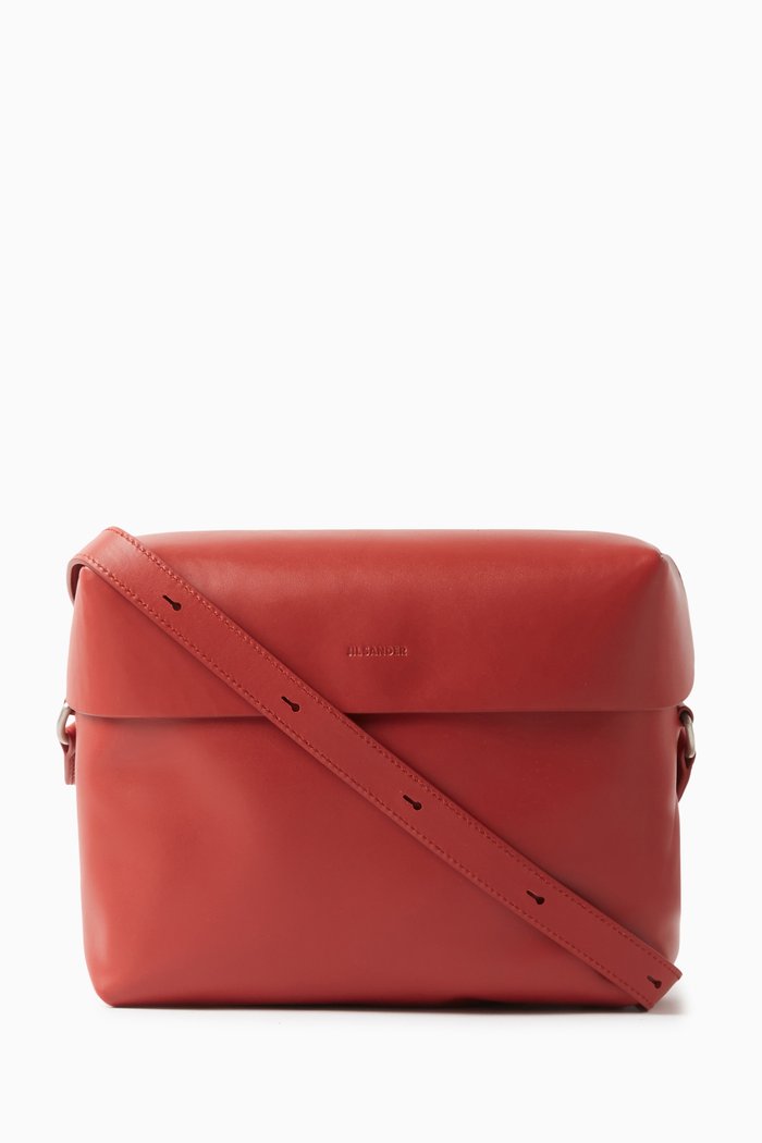 Lid Crossbody Bag in Calf Leather, Red