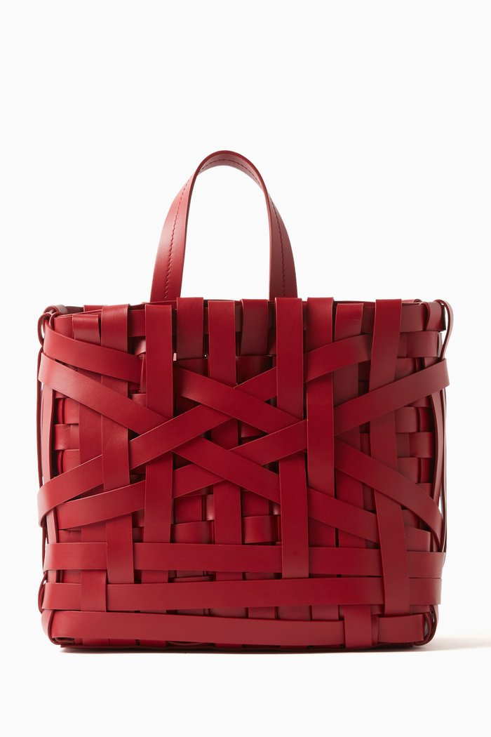 Woven Medium Tote in Leather, Red