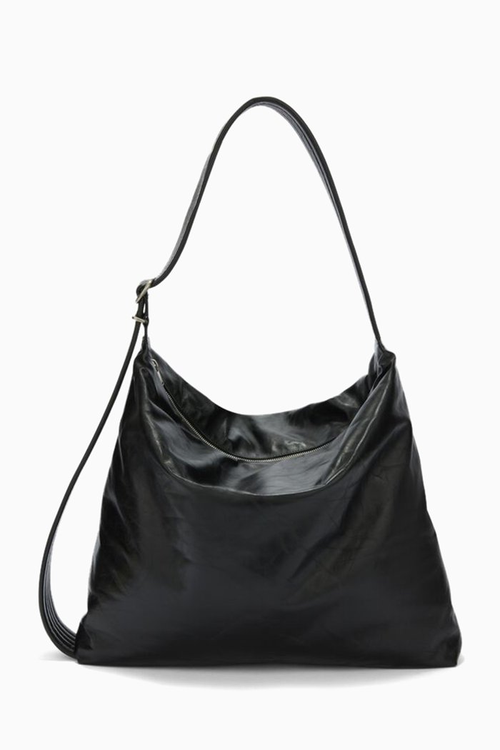 Quilted Hobo Bag in Leather, Black