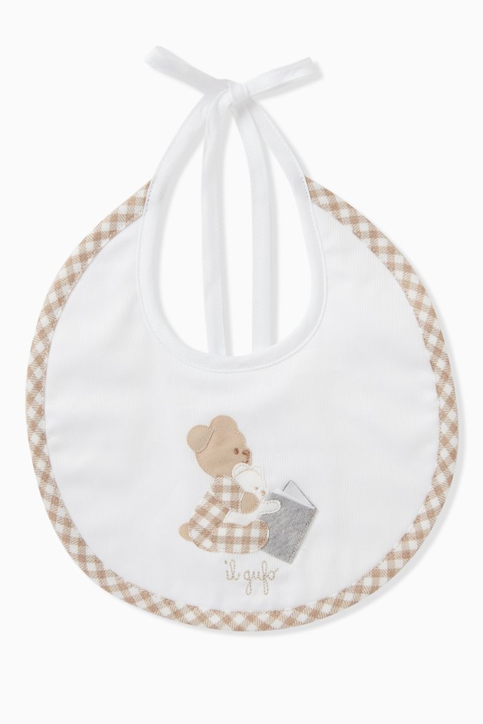 

Bear-embroidered Bib in Cotton-blend, White