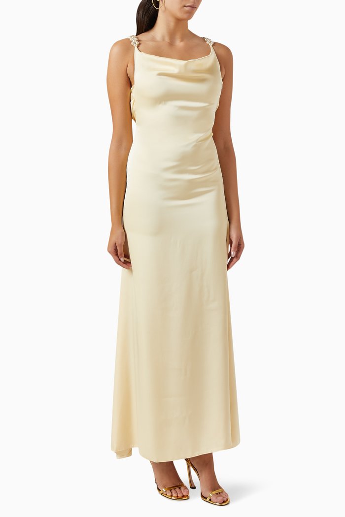 

The Kirsten Pearl-detail Slip Dress in Satin, Neutral