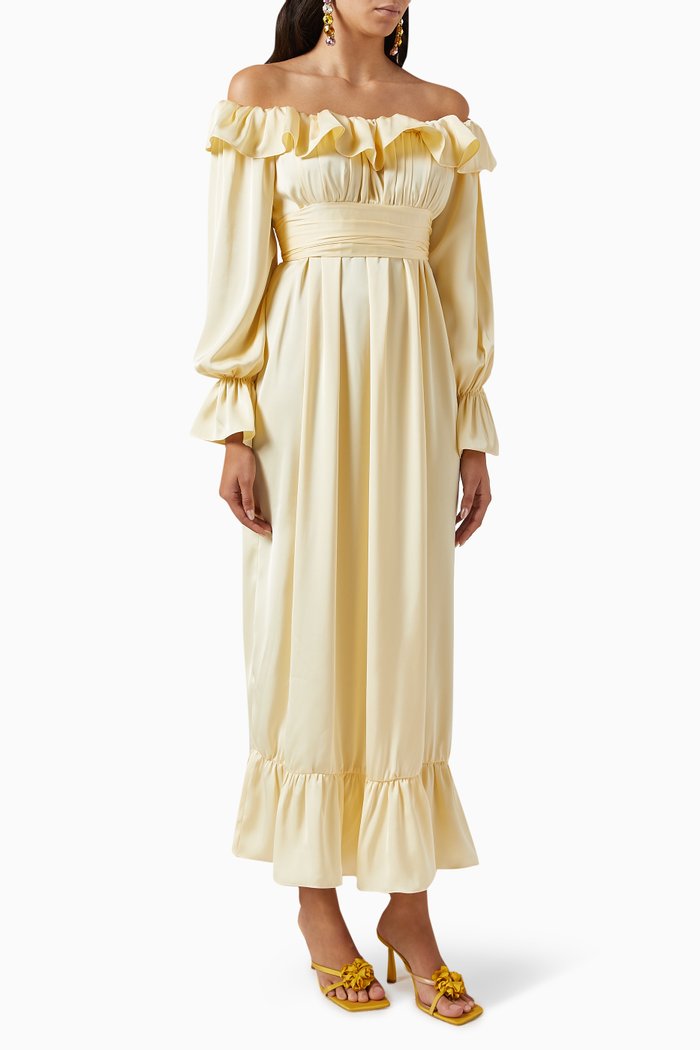 

The Sienna Ruffled Maxi Dress in Satin, Neutral