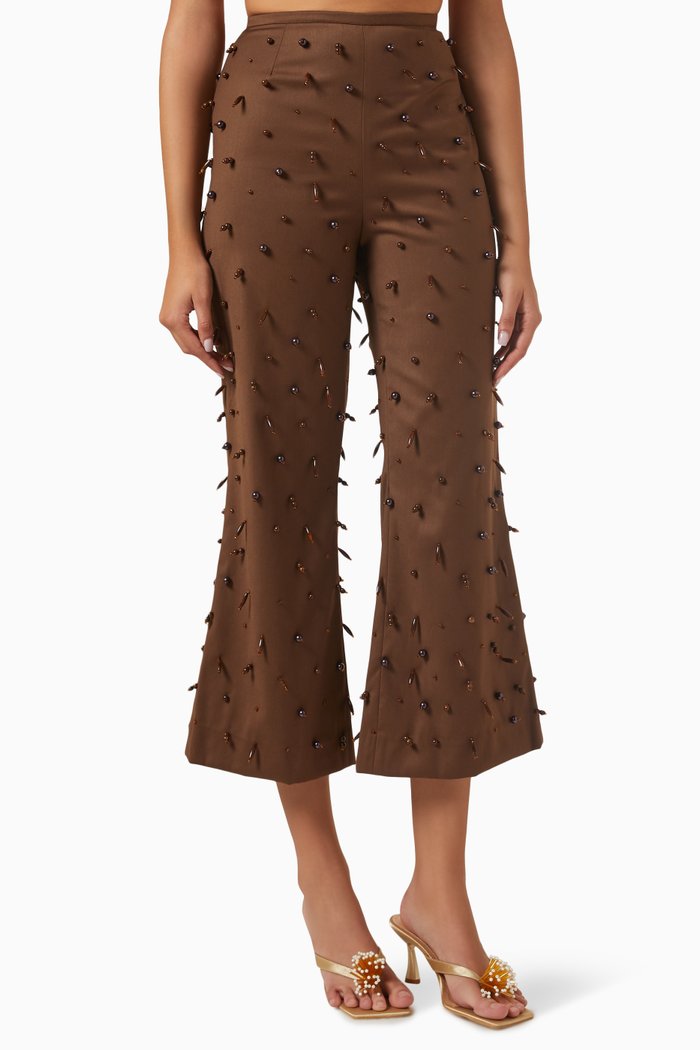 

Eglantine Beaded Flared Pants in Gabardine, Brown