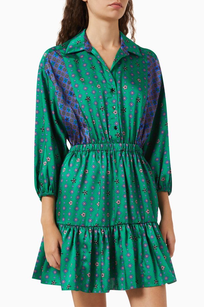 Printed Shirt Dress in Satin, Green