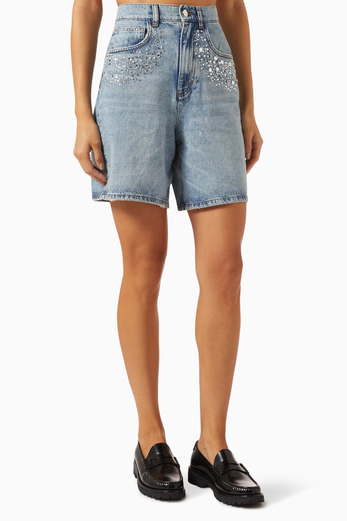

Ietoile Flared Embellished Shorts in Denim, Blue